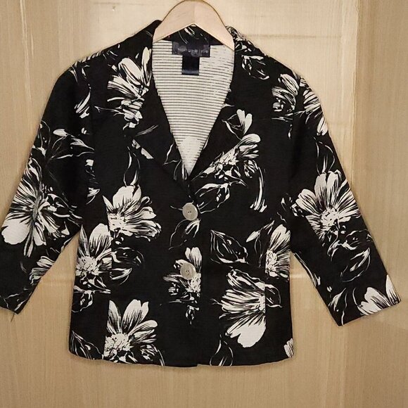 Susan Graver Black White Floral Lightweight Quilted Blazer Medium - Picture 1 of 6